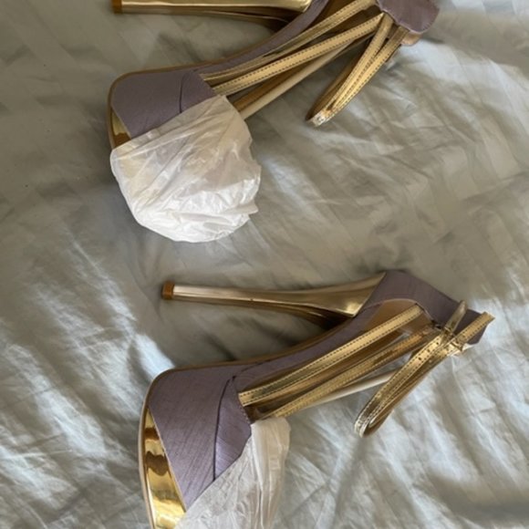 Qupid Canvas Sexy Peep Toe Killer Heels in Lavender gold Platform Size 7 1/2 - Picture 11 of 16